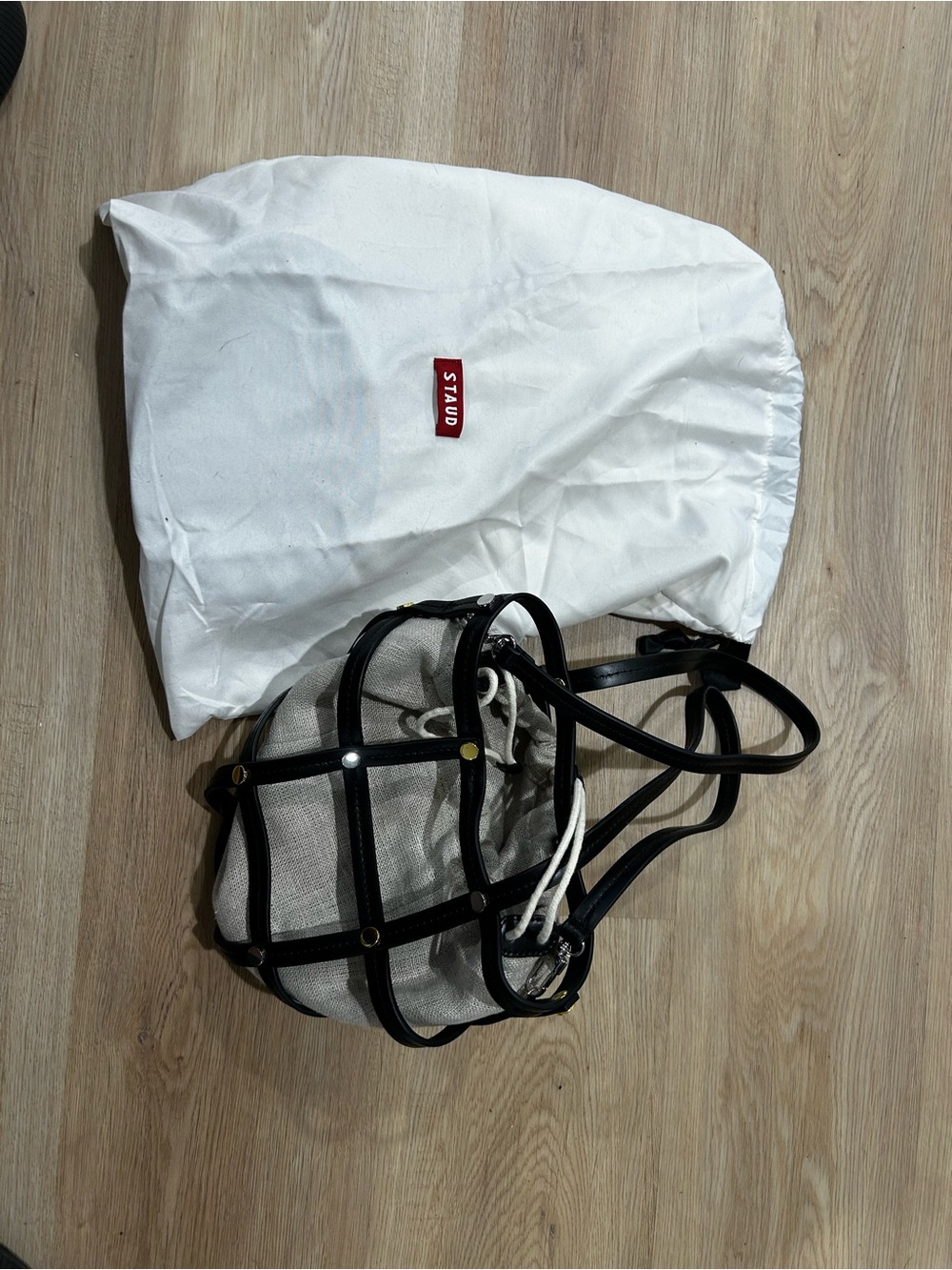 STAUD Black Cage Tote with Cream Canvas Insert
